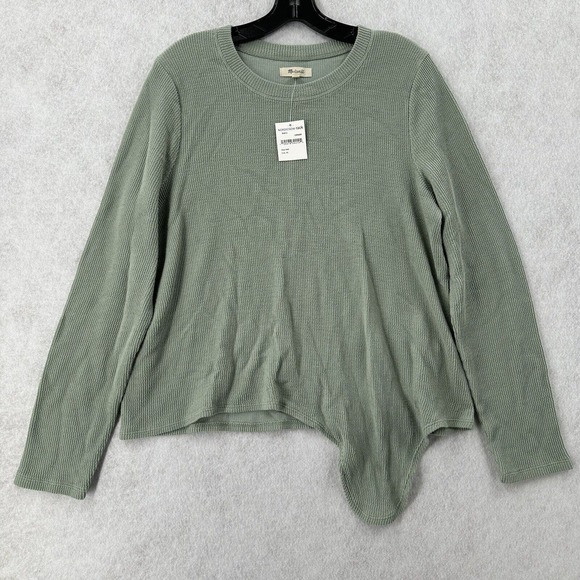 Madewell Rib Knit Top Womens XL‎ Green Thermal Ribbed Asymmetrical Long Sleeve - Picture 1 of 7